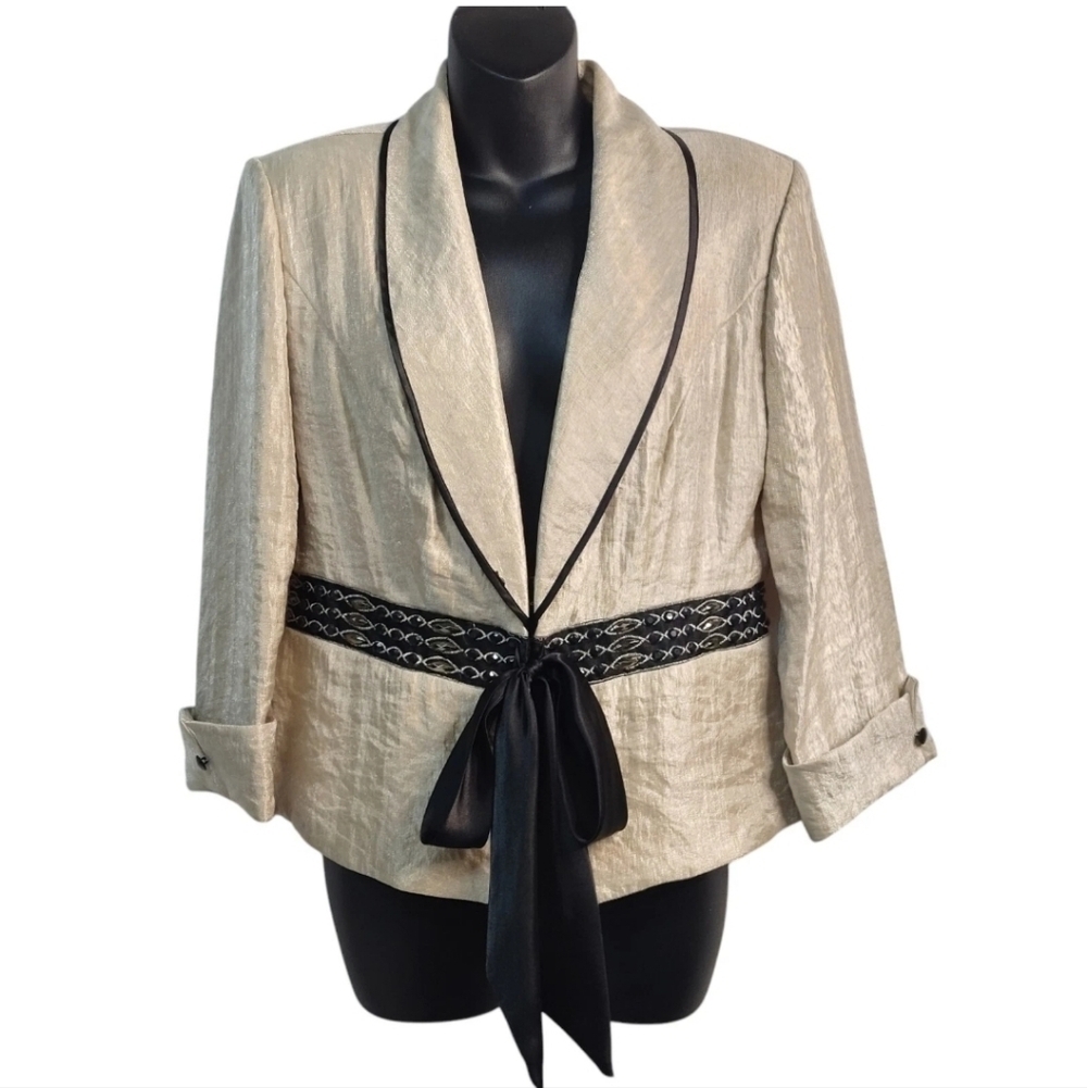 J.R. Nites by Carol Lin Blazer Jacket Women's Tan Embellished/Tie Waist Sz 8